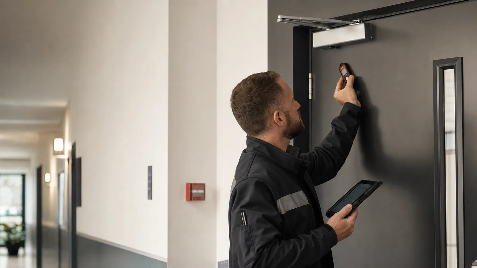 Engineer documenting a commercial fire-door compliance inspection