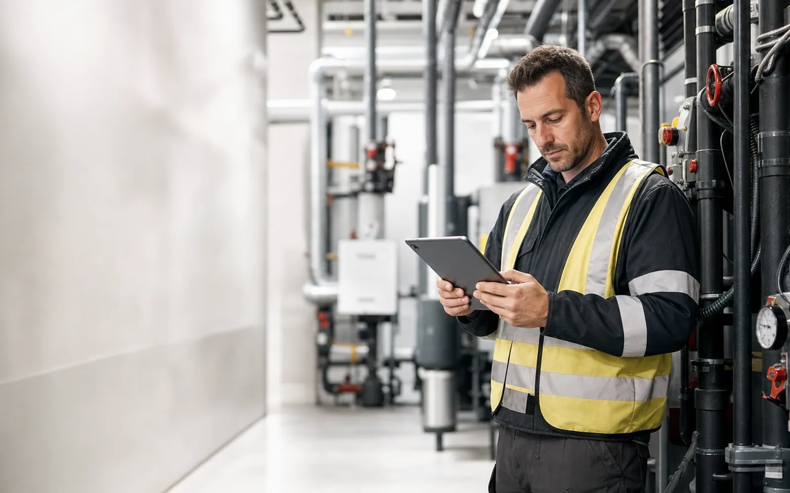Engineer reviewing a controlled closeout report on a tablet