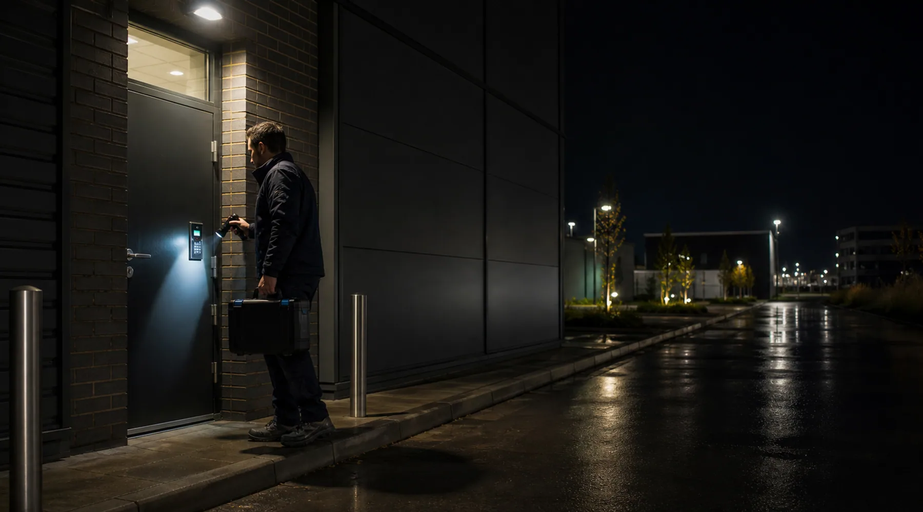 Engineer attending a commercial property emergency at night
