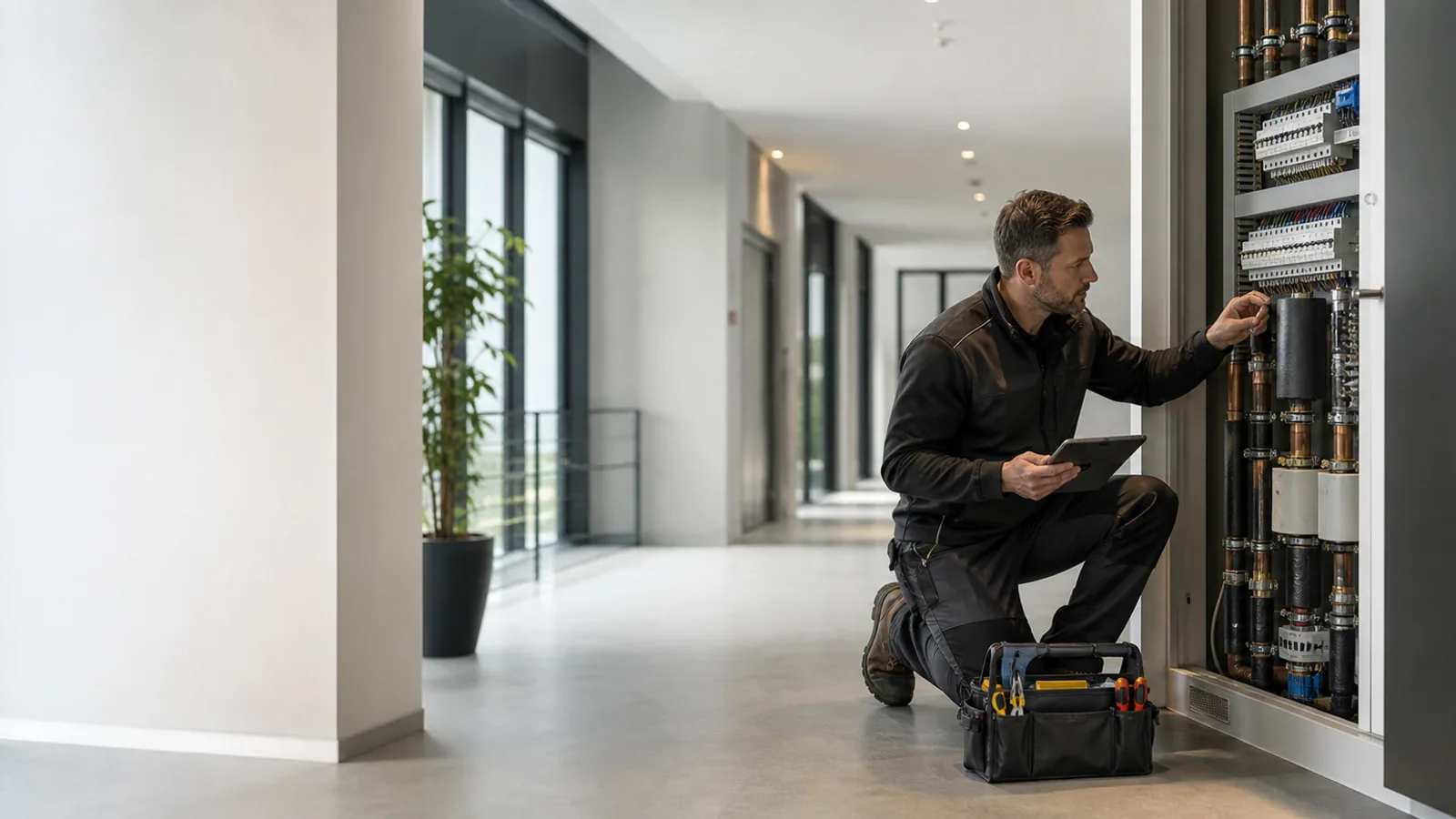 Commercial building services riser inspected by an engineer